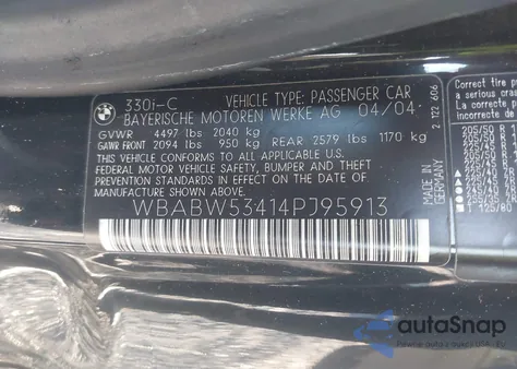 2004 BMW 330Ci z USA, uszkodzony, nr VIN WBABW53414PJ95913